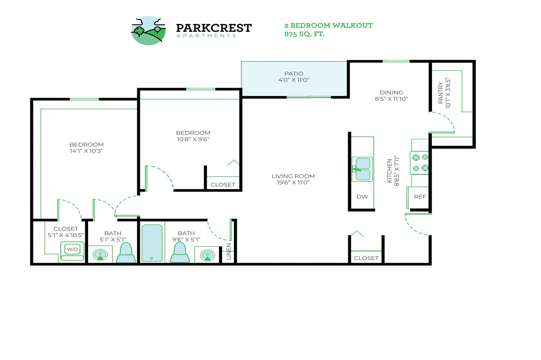 Floor plan for 2 beds, 1.5 baths, 875 sqft